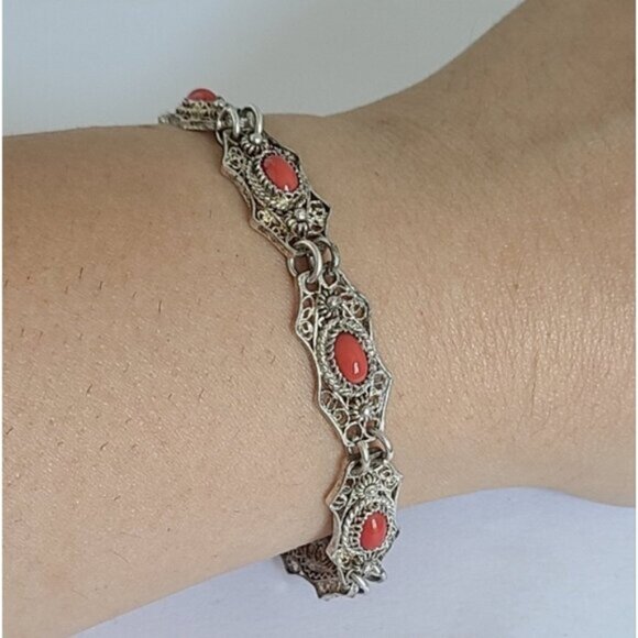 Vintage Antique Boho Sterling Silver Red Coral Cabochon Filigree Chain Bracelet - Picture 6 of 15
